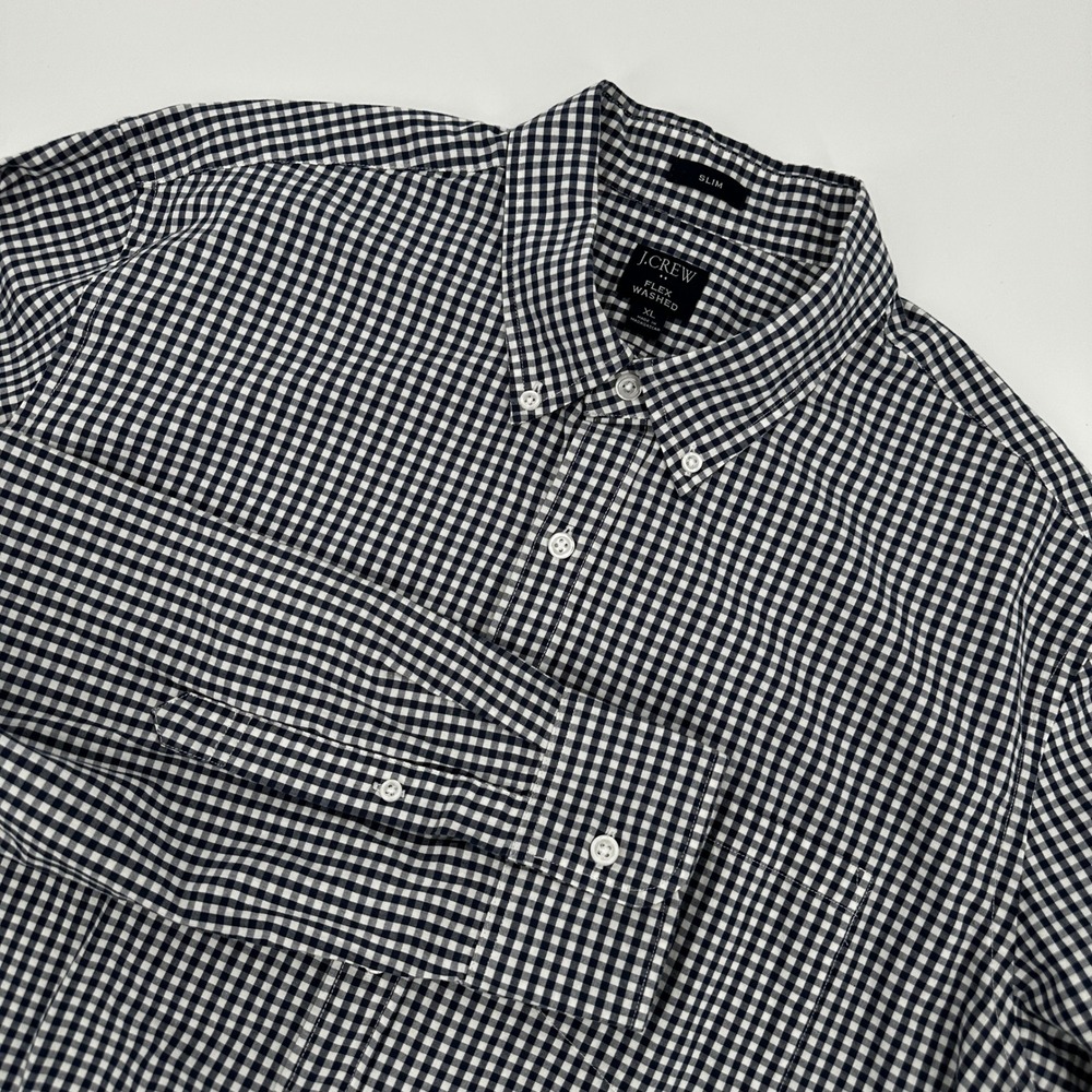 J Crew Flex Washed Slim Fit Gingham Shirt Mens XL Navy Blue White Long Sleeve